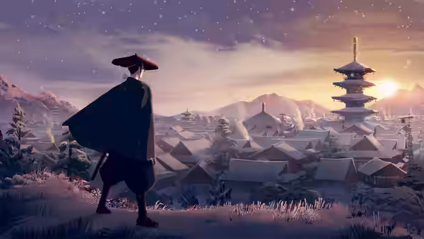 A cloaked swordswoman surveys a snow-covered town from a hillside at sunset