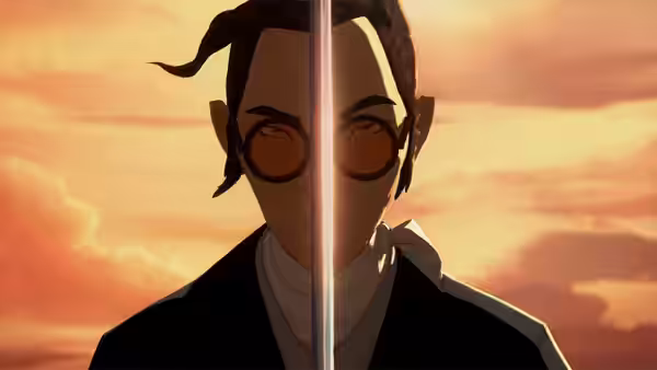 A bespectacled figure peers past a sword held upright against the sunset