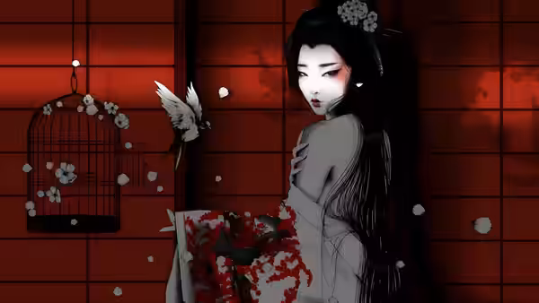 A woman looks back beside a birdcage as petals drift through a red room