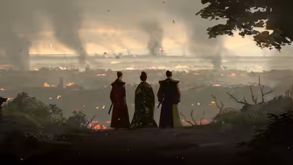 Three figures overlook a burning city as smoke rises across the horizon