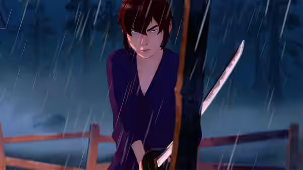 Mizu (Maya Erskine) grips her sword in the rain beside a wooden railing