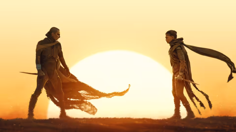 Two armed warriors face each other across a desert at sunset