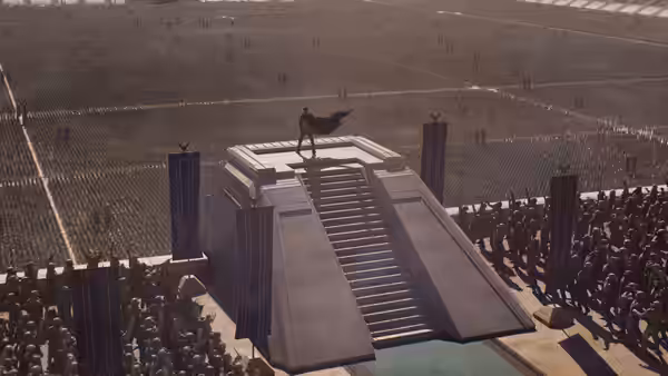 A lone figure stands on a platform above ranks of soldiers