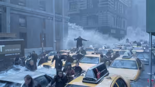 People running among yellow taxis as a wave crashes through a snowy city street