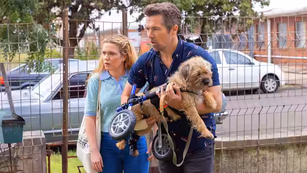 Gordon (Patrick Brammall) carrying a dog in a wheelchair beside Ashley (Harriet Dyer)