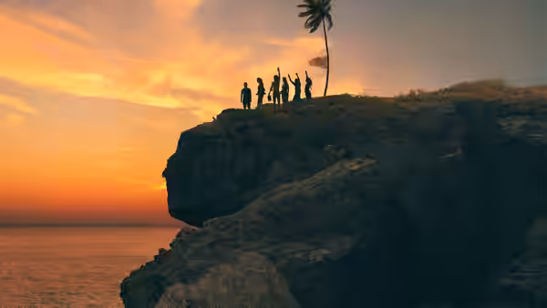 group of young people standing on a cliff overlooking the sea at sunset