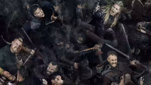 Lagertha (Katheryn Winnick) battling warriors in a smoky melee