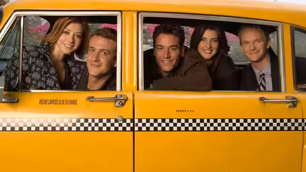 Robin, Ted, Barney, Lily and Marshall inside a yellow taxi cab