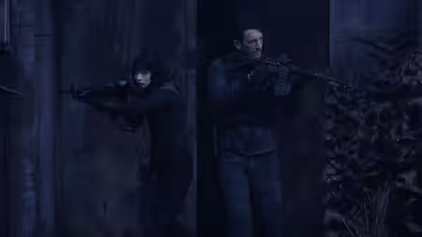 Drasa (Anya Taylor-Joy) and Levi (Miles Teller) aiming rifles from cover