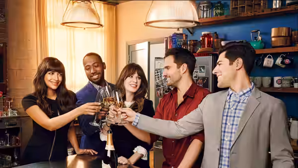 Jess, Winston, Cece, Nick and Schmidt toasting with champagne glasses