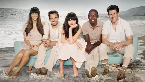 Jess, Nick, Cece, Winston and Schmidt sitting on a beach couch