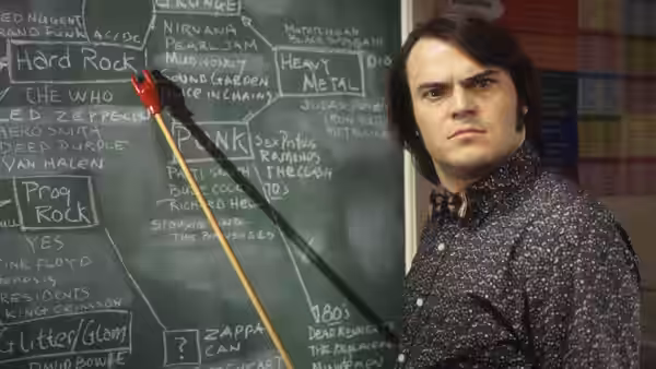 Dewey Finn (Jack Black) pointing to rock bands on a chalkboard