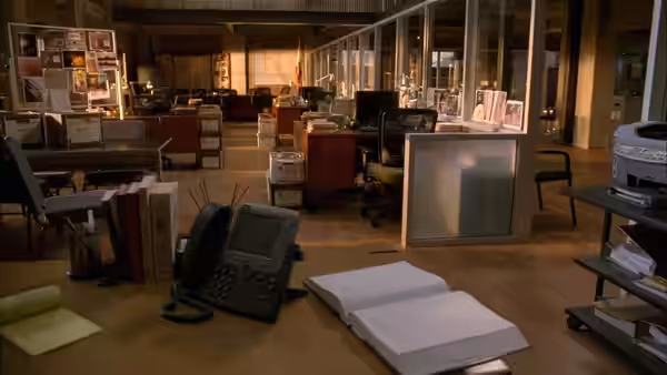 A ransacked office with a phone and papers scattered on the floor