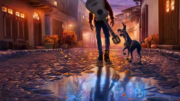 A guitarist and dog walk along a wet cobblestone street at night