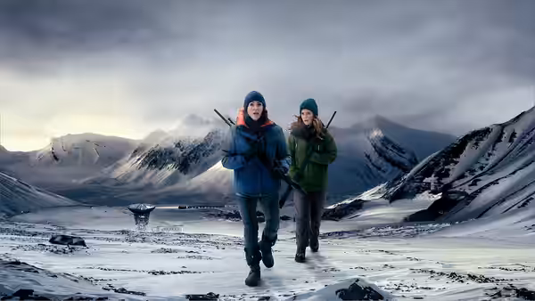 DCI Amy Silva (Suranne Jones) and DS Kirsten Longacre (Rose Leslie) walk across snow