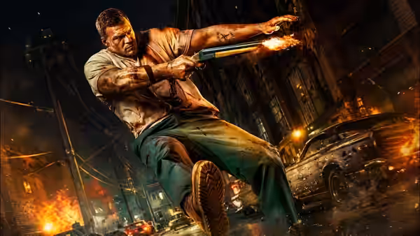 Muscular man in torn shirt firing shotgun while leaping through burning streets