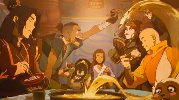 Friends eat noodles at a table as strands fly through the air