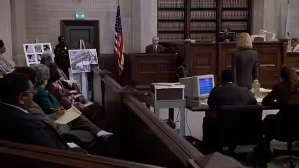 A crowded courtroom during trial with judge on the bench and spectators seated