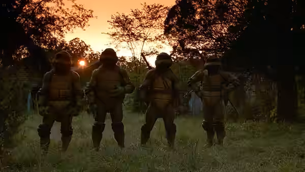 Four masked turtles stand in a grassy clearing beneath an evening sky