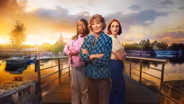 Judith Potts (Samantha Bond), Suzie Harris (Jo Martin) and Becks Starling (Cara Horgan) on a riverside walkway