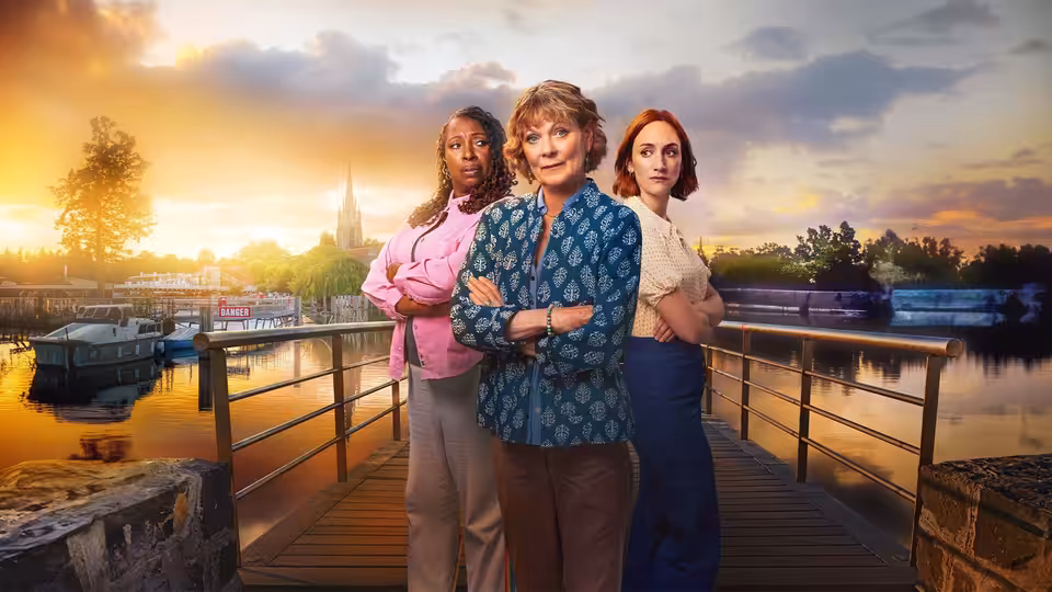 Judith Potts (Samantha Bond), Suzie Harris (Jo Martin) and Becks Starling (Cara Horgan) on a riverside walkway