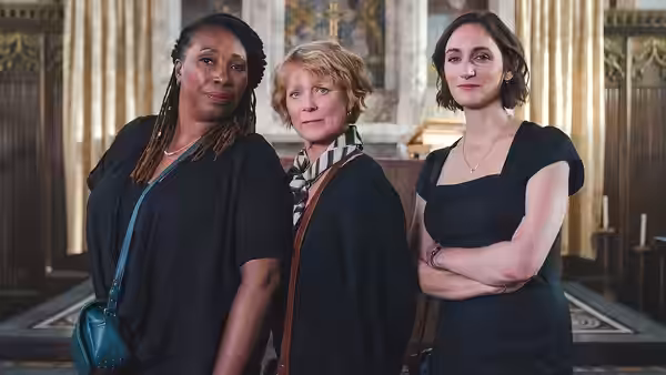 Suzie Harris (Jo Martin), Judith Potts (Samantha Bond) and Becks Starling (Cara Horgan) in formal attire
