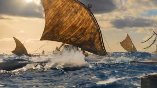 fleet of sailing canoes with woven sails crossing the open ocean