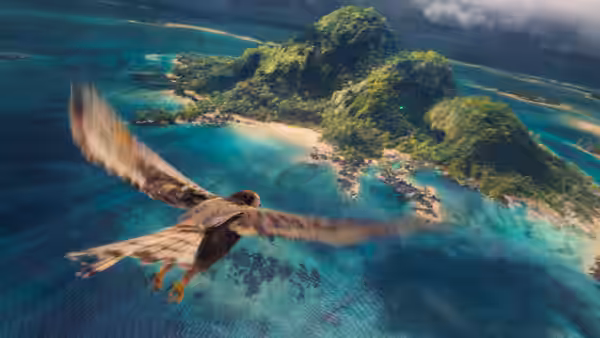 bird with spread wings flying over turquoise waters near a green island