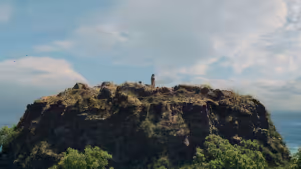 person standing alone on a rocky hilltop overlooking the sea