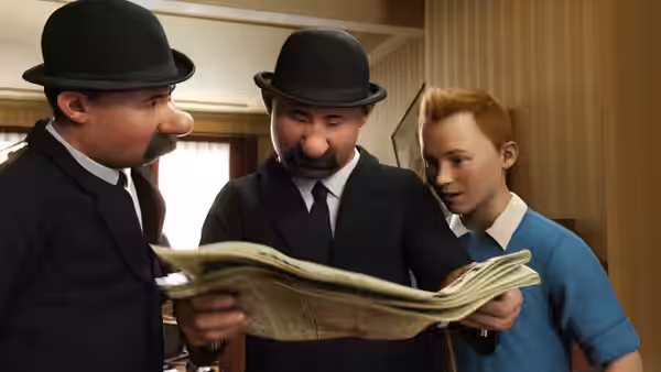 Two bowler-hatted detectives examine a newspaper beside Tintin indoors