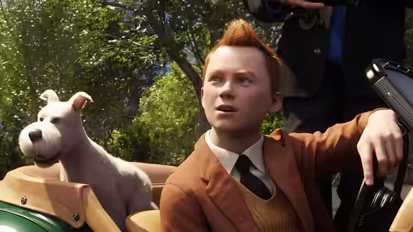 Tintin rides in a car with Snowy perched beside him