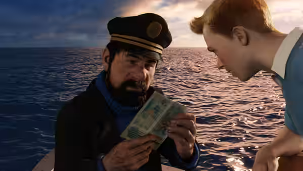 Captain Haddock studies a paper beside Tintin on deck with the ocean behind them