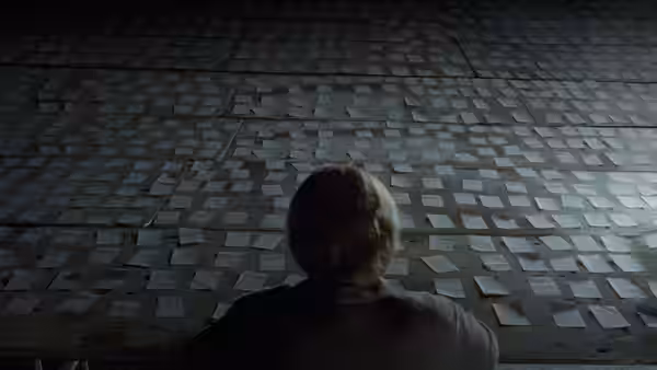 A person from behind sits before papers covering a dark warehouse floor
