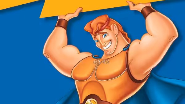 Hercules (Tate Donovan) lifting a large yellow banner overhead with both hands