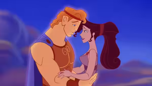 Hercules (Tate Donovan) and Meg (Susan Egan) embracing under a starry sky