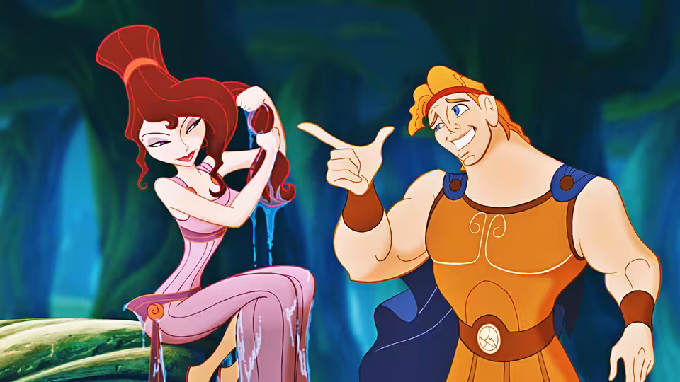 Meg (Susan Egan) wringing water from her hair as Hercules (Tate Donovan) points