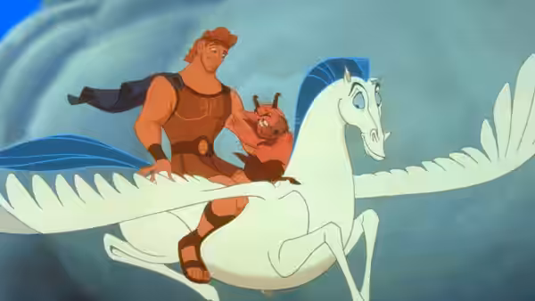 Hercules (Tate Donovan) riding Pegasus with Philoctetes (Danny DeVito) flying
