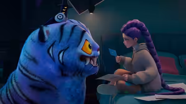 Purple-haired girl holds cards while facing blue tiger on bed