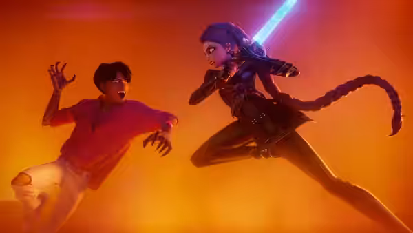 Man in red shirt recoils from woman swinging glowing blue sword
