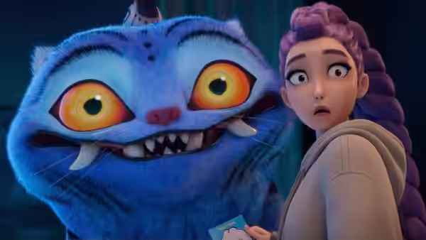 Wide-eyed girl and blue tiger stare ahead with open mouths