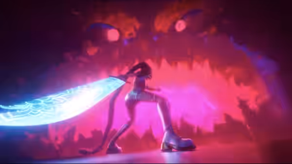 Woman swings large glowing weapon in fiery red landscape