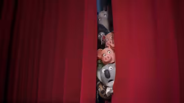 Koala and pig friends peeking through a gap in red curtains