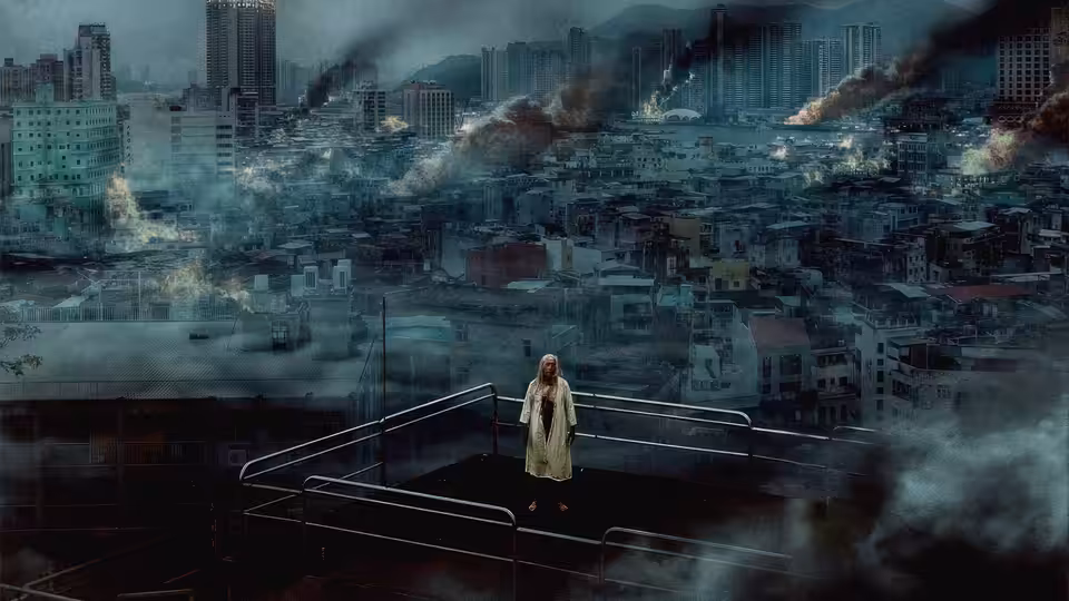 a woman in a light robe stands on a balcony above a ruined smoky city