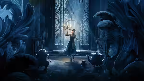 Belle (Emma Watson) holding a candelabra while floating objects surround her in a castle