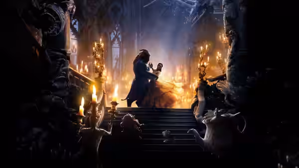 Belle (Emma Watson) and the Beast dancing on candlelit stairs in a castle