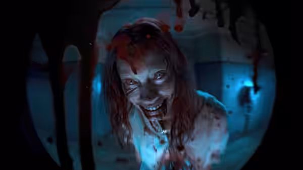 Ellie (Alyssa Sutherland) with a bloodied face grinning through a peephole