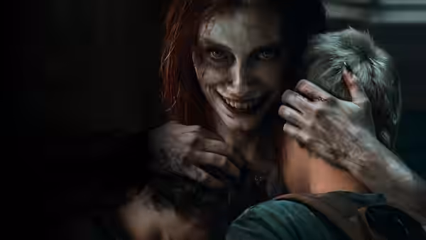 Ellie (Alyssa Sutherland) smiling as she holds a child from behind