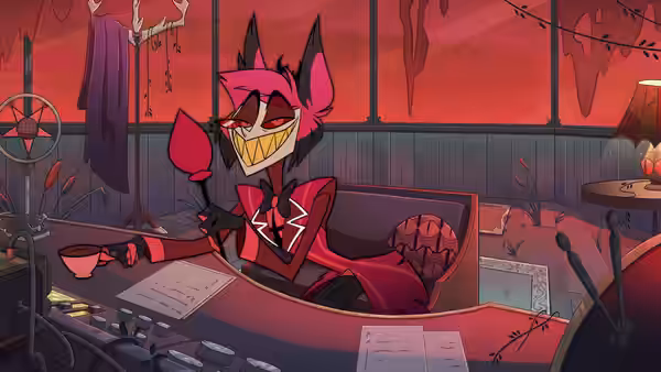 Alastor reclining at his desk holding a radio cane and smiling