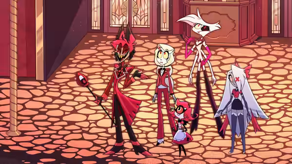 Alastor with Charlie Vaggie and Niffty gathered in the hotel lobby