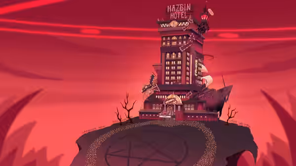 Hazbin Hotel standing atop a hill marked with a glowing pentagram